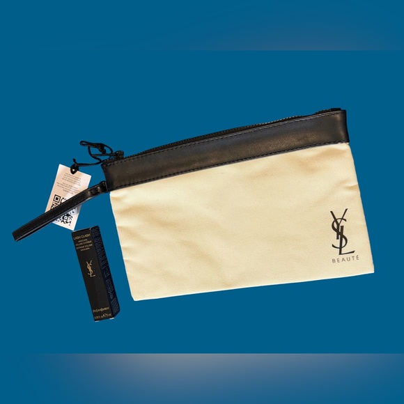 YSL Yves Saint Laurent Black Vegan Leather & Cream Canvas Bag w Blk Mascara 2 ml - Picture 3 of 16